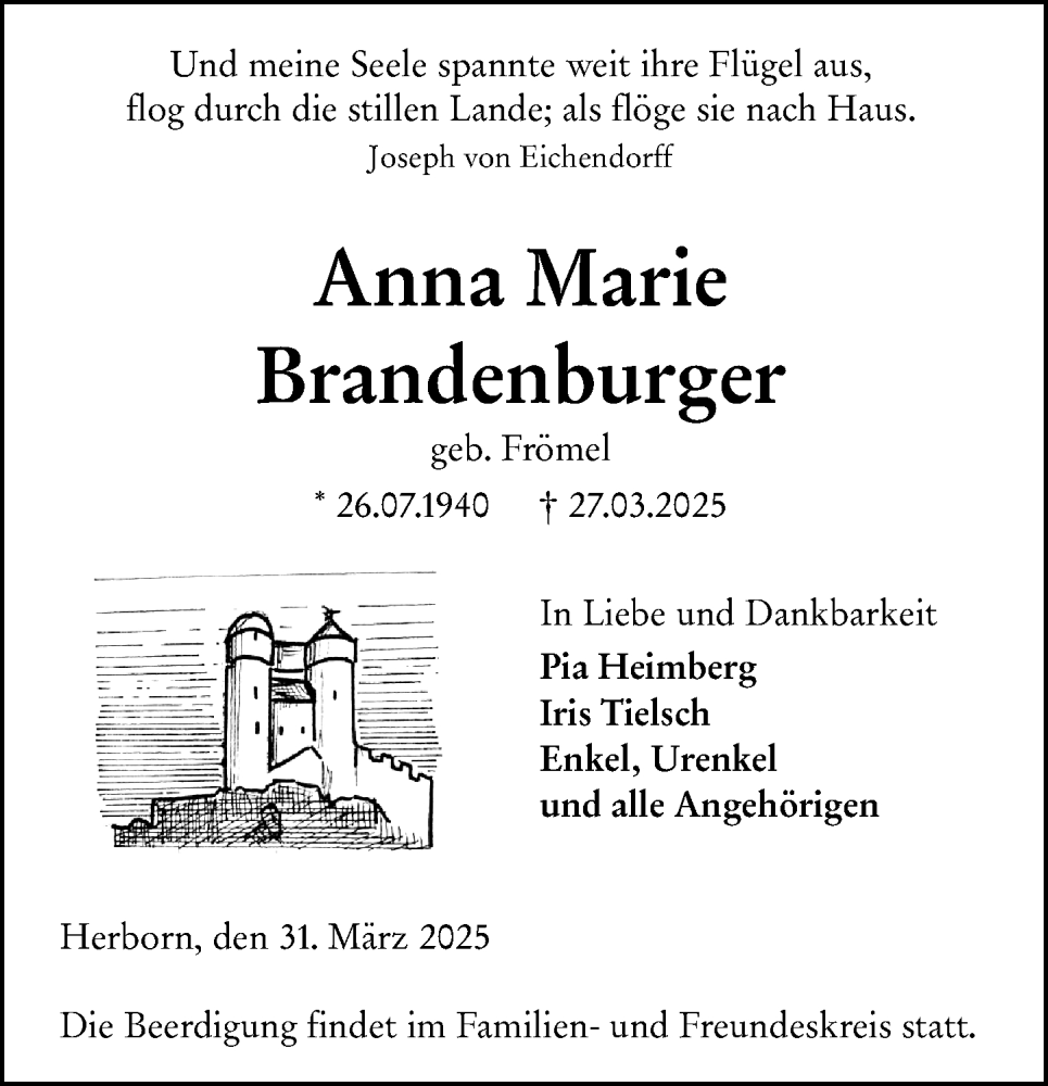  Traueranzeige für Anna Marie Brandenburger vom 31.03.2025 aus Dill Block