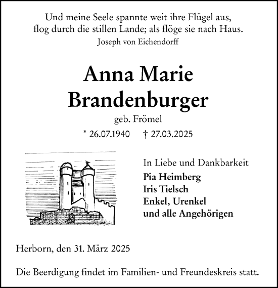 Traueranzeige von Anna Marie Brandenburger von Dill Block