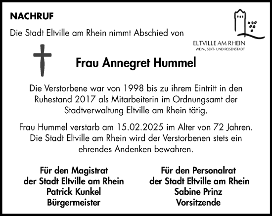 Traueranzeige von Annegret Hummel von Rheingau Kurier