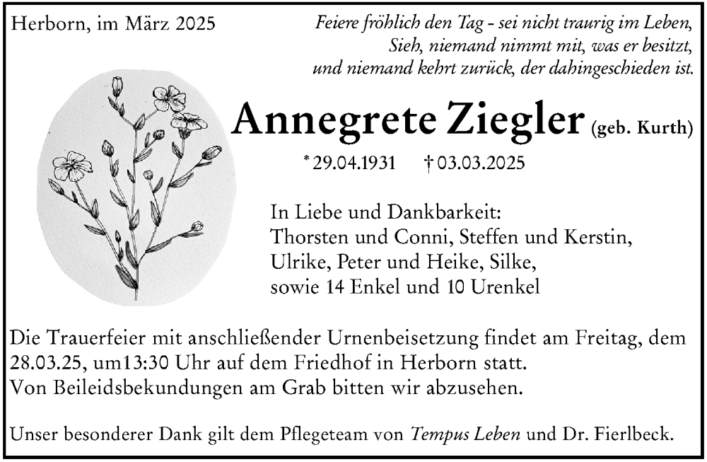  Traueranzeige für Annegrete Ziegler vom 06.03.2025 aus Dill Block