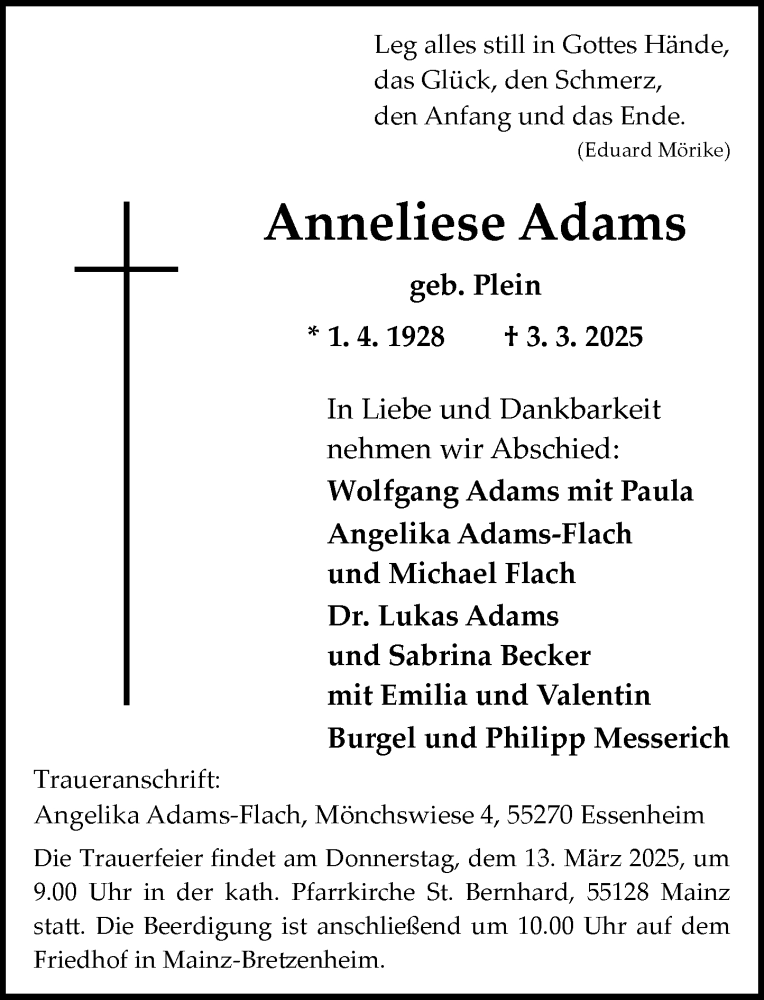  Traueranzeige für Anneliese Adams vom 08.03.2025 aus Allgemeine Zeitung Mainz