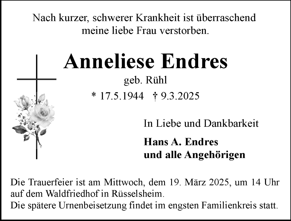 Traueranzeige für Anneliese Endres vom 15.03.2025 aus Rüsselsheimer Echo
