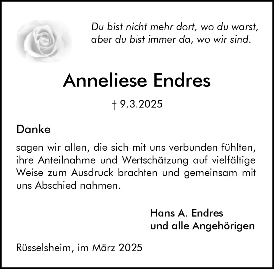 Traueranzeige von Anneliese Endres von Rüsselsheimer Echo