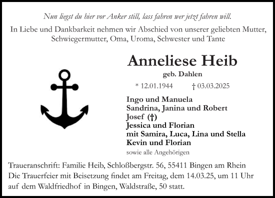 Traueranzeige von Anneliese Heib von Allgemeine Zeitung Rheinhessen-Nahe
