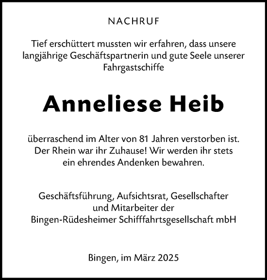 Traueranzeige von Anneliese Heib von Binger-/Ingelheimer Wochenblatt
