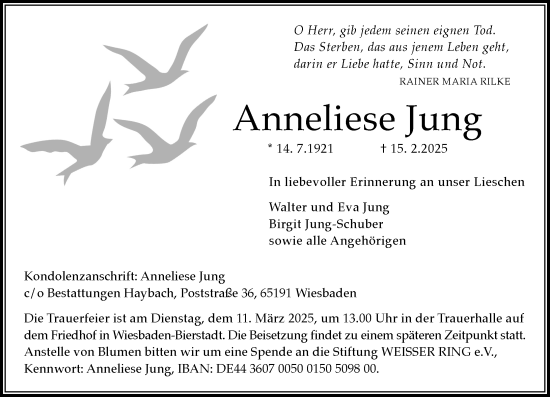 Traueranzeige von Anneliese Jung von Wiesbadener Kurier