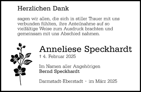 Traueranzeige von Anneliese Speckhardt von Darmstädter Echo