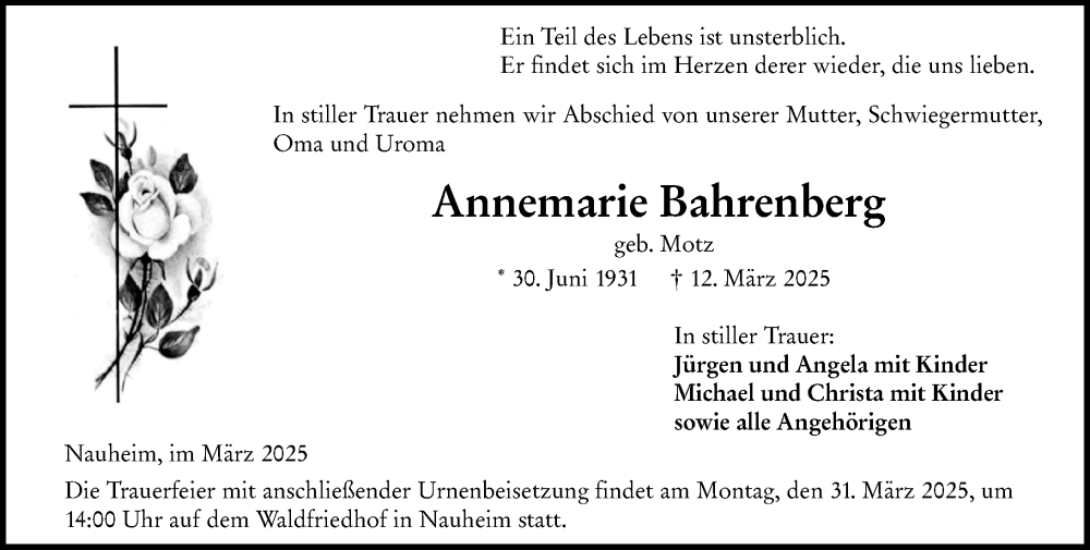  Traueranzeige für Annemarie Bahrenberg vom 29.03.2025 aus Groß-Gerauer Echo