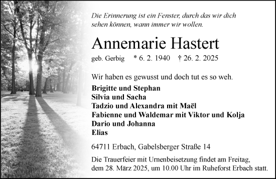 Traueranzeige von Annemarie Hastert von Odenwälder Echo