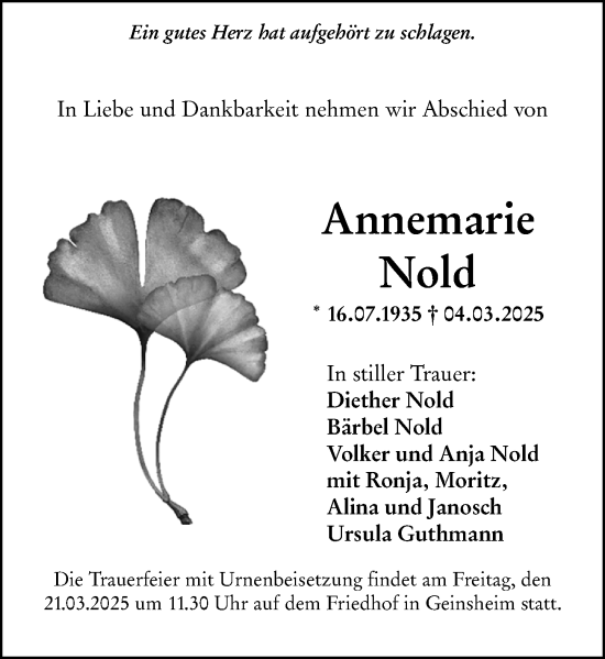 Traueranzeige von Annemarie Nold von Groß-Gerauer Echo