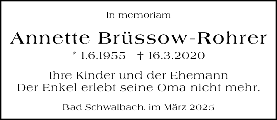 Traueranzeige von Annette Brüssow-Rohrer von Wiesbadener Kurier