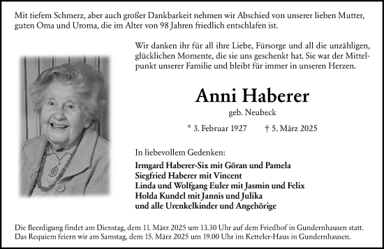 Traueranzeige von Anni Haberer von Darmstädter Echo