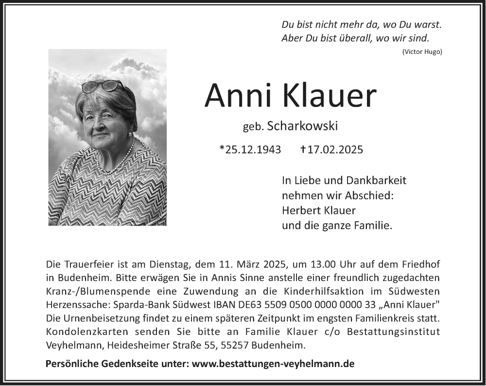  Traueranzeige für Anni Klauer vom 01.03.2025 aus Allgemeine Zeitung Mainz