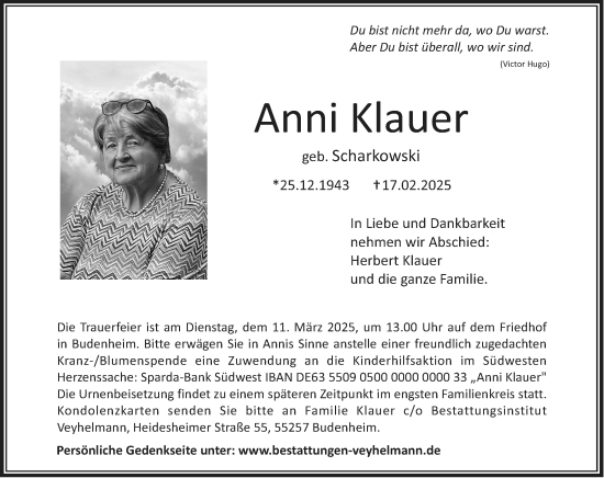 Traueranzeige von Anni Klauer von Allgemeine Zeitung Mainz