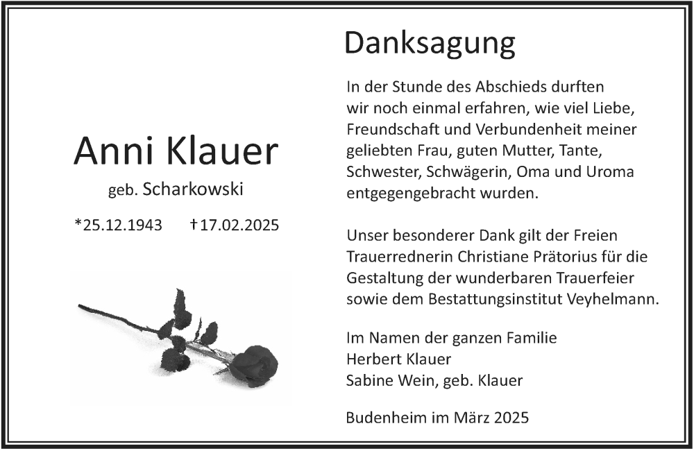  Traueranzeige für Anni Klauer vom 29.03.2025 aus Allgemeine Zeitung Mainz