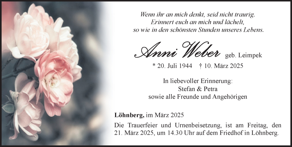  Traueranzeige für Anni Weber vom 15.03.2025 aus Weilburger Tageblatt