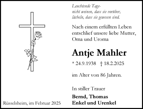 Traueranzeige von Antje Mahler von Rüsselsheimer Echo