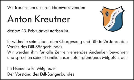 Traueranzeige von Anton Kreutner von Dill Block
