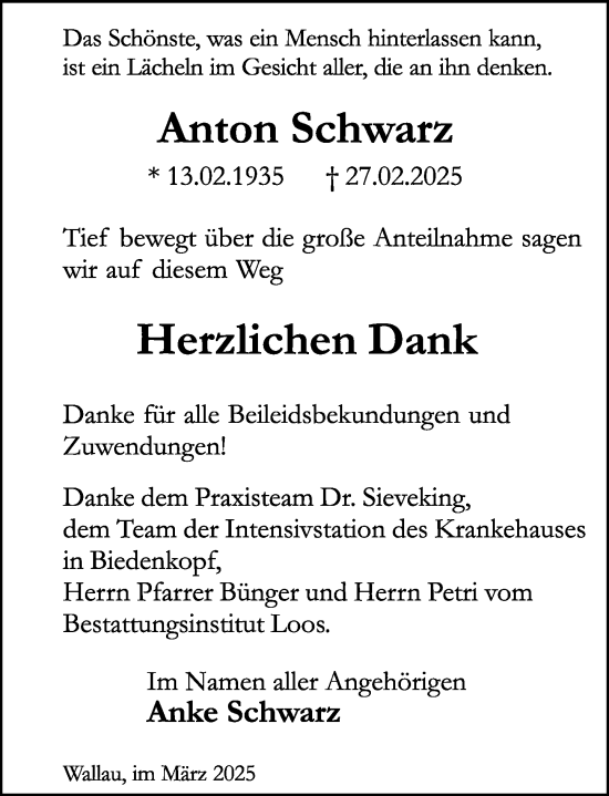 Traueranzeige von Anton Schwarz von Hinterländer Anzeiger