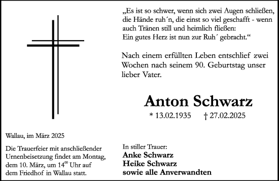 Traueranzeige von Anton Schwarz von Hinterländer Anzeiger