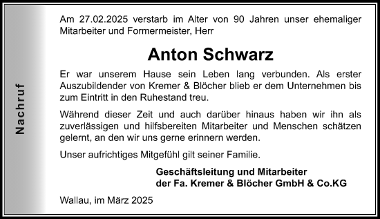 Traueranzeige von Anton Schwarz von Hinterländer Anzeiger