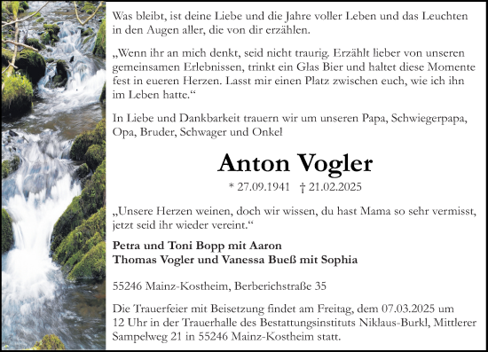 Traueranzeige von Anton Vogler von Allgemeine Zeitung Mainz