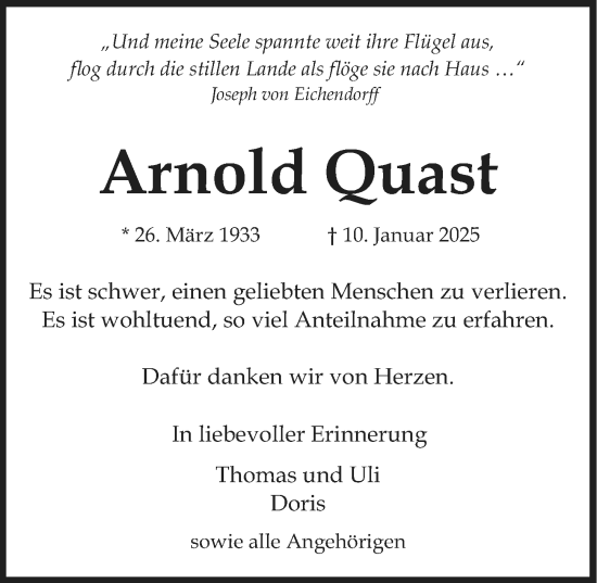 Traueranzeige von Arnold Quast von Allgemeine Zeitung Mainz