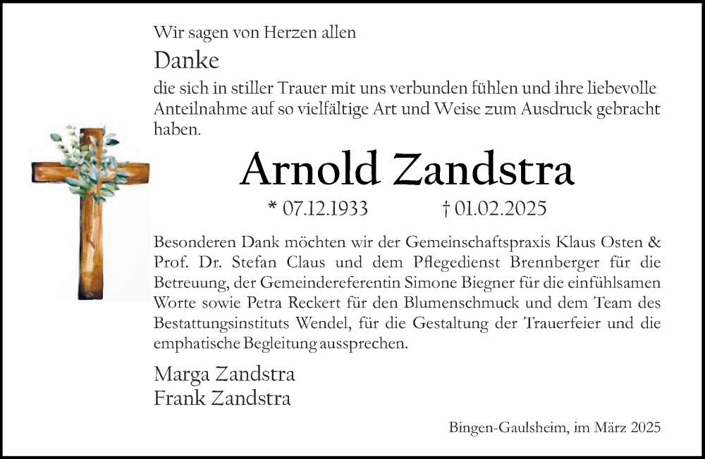 Traueranzeige für Arnold Zandstra vom 29.03.2025 aus Binger-/Ingelheimer Wochenblatt