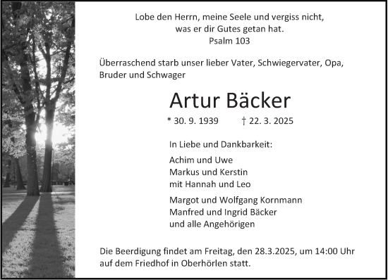 Traueranzeige von Artur Bäcker von Hinterländer Anzeiger