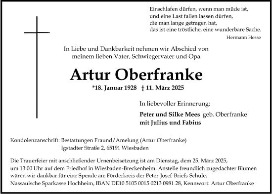 Traueranzeige von Artur Oberfranke von Wiesbadener Kurier
