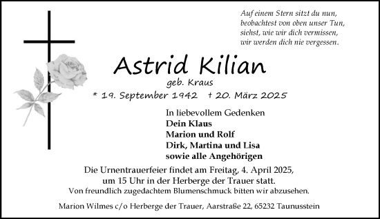Traueranzeige von Astrid Kilian von Idsteiner Land/Untertaunus