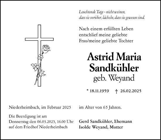 Traueranzeige von Astrid Maria Sandkühler von Allgemeine Zeitung Mainz