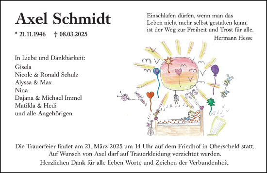 Traueranzeige von Axel Schmidt von Dill Block
