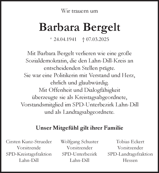 Traueranzeige von Barbara Bergelt von Dill Block