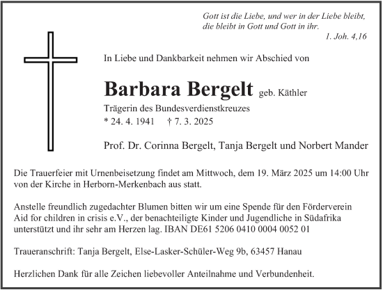Traueranzeige von Barbara Bergelt von Dill Block