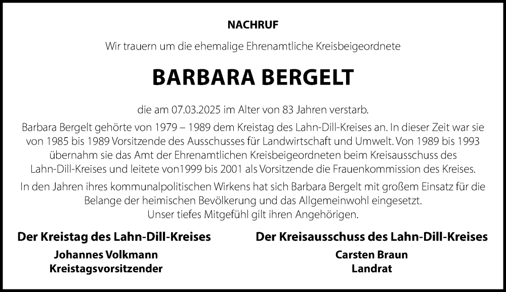  Traueranzeige für Barbara Bergelt vom 21.03.2025 aus Dill Block