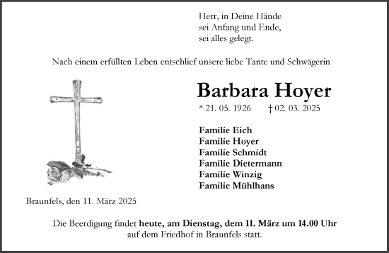 Traueranzeige von Barbara Hoyer von Wetzlarer Neue Zeitung
