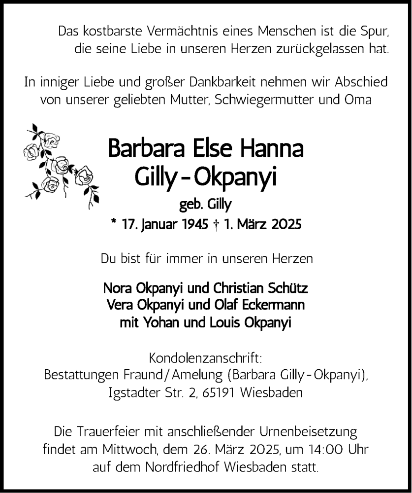  Traueranzeige für Barbara Else Hanna Gilly-Okpanyi vom 15.03.2025 aus Wiesbadener Kurier