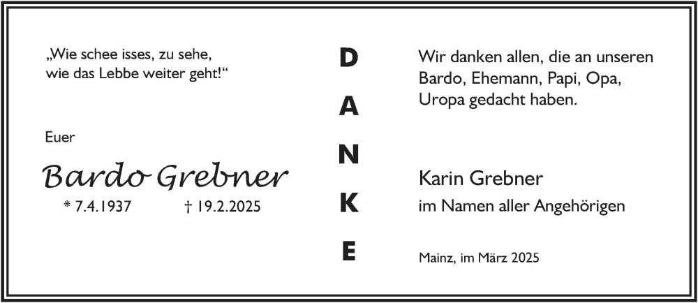  Traueranzeige für Bardo Grebner vom 08.03.2025 aus Allgemeine Zeitung Mainz