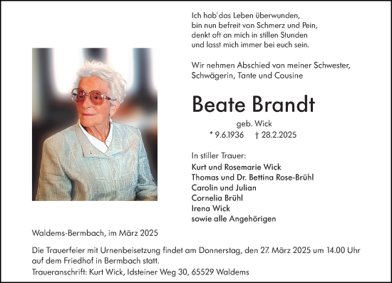 Traueranzeige von Beate Brandt von Camberger Anzeiger