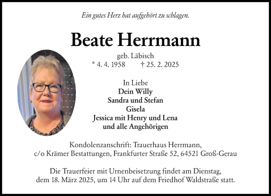 Traueranzeige von Beate Herrmann von Groß-Gerauer Echo
