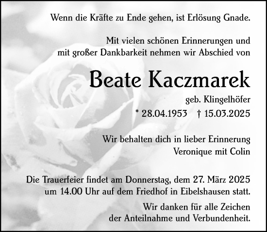 Traueranzeige von Beate Kaczmarek von Dill Block