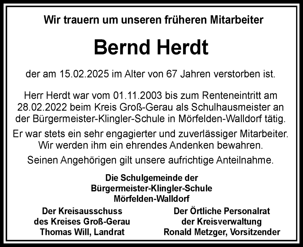  Traueranzeige für Bernd Herdt vom 01.03.2025 aus Groß-Gerauer Echo