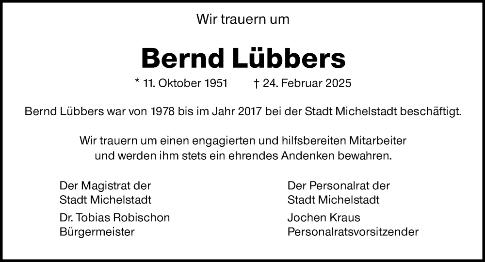  Traueranzeige für Bernd Lübbers vom 01.03.2025 aus Odenwälder Echo