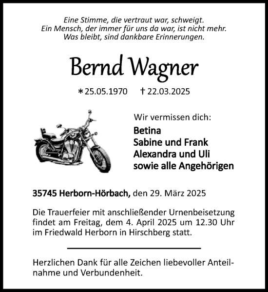 Traueranzeige von Bernd Wagner von Dill Block