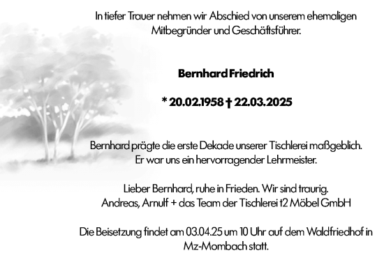Traueranzeige von Bernhard Friedrich von Allgemeine Zeitung Mainz