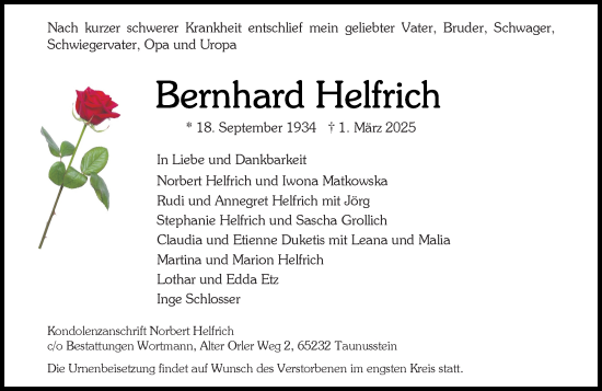 Traueranzeige von Bernhard Helfrich von Wiesbadener Kurier
