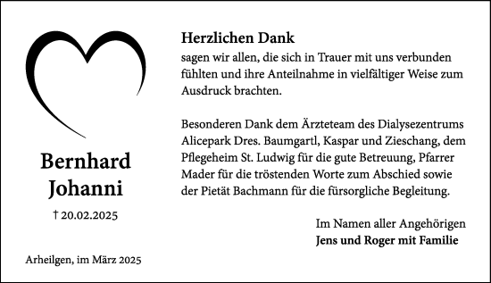 Traueranzeige von Bernhard Johanni von Darmstädter Echo