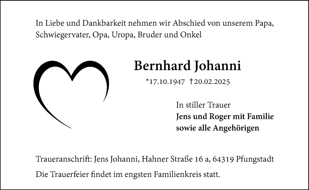  Traueranzeige für Bernhard Johanni vom 01.03.2025 aus Darmstädter Echo