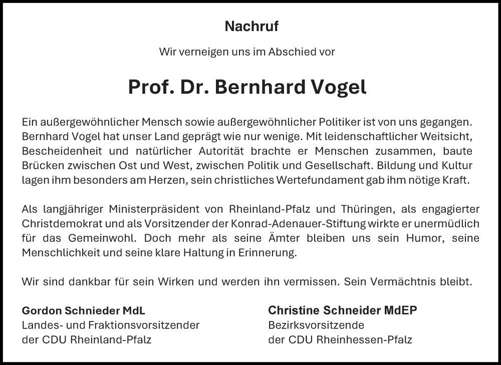  Traueranzeige für Bernhard Vogel vom 08.03.2025 aus Allgemeine Zeitung Rheinhessen-Nahe